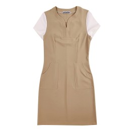 網上下單訂做卡其色短袖護士連身裙   時尚設計撞色袖V領收腰設計  護士服供應商 SKU051 網上下單訂做卡其色短袖護士連身裙   時尚設計撞色袖V領收腰設計  護士服供應商 SKU051